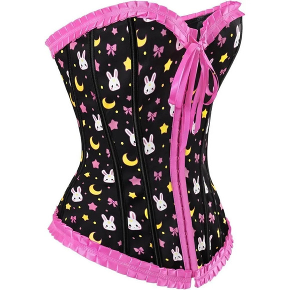 Women's Lace Up Boned Black and Pink Overbust Corset Bustier Bodyshaper Top - Picture 6 of 6